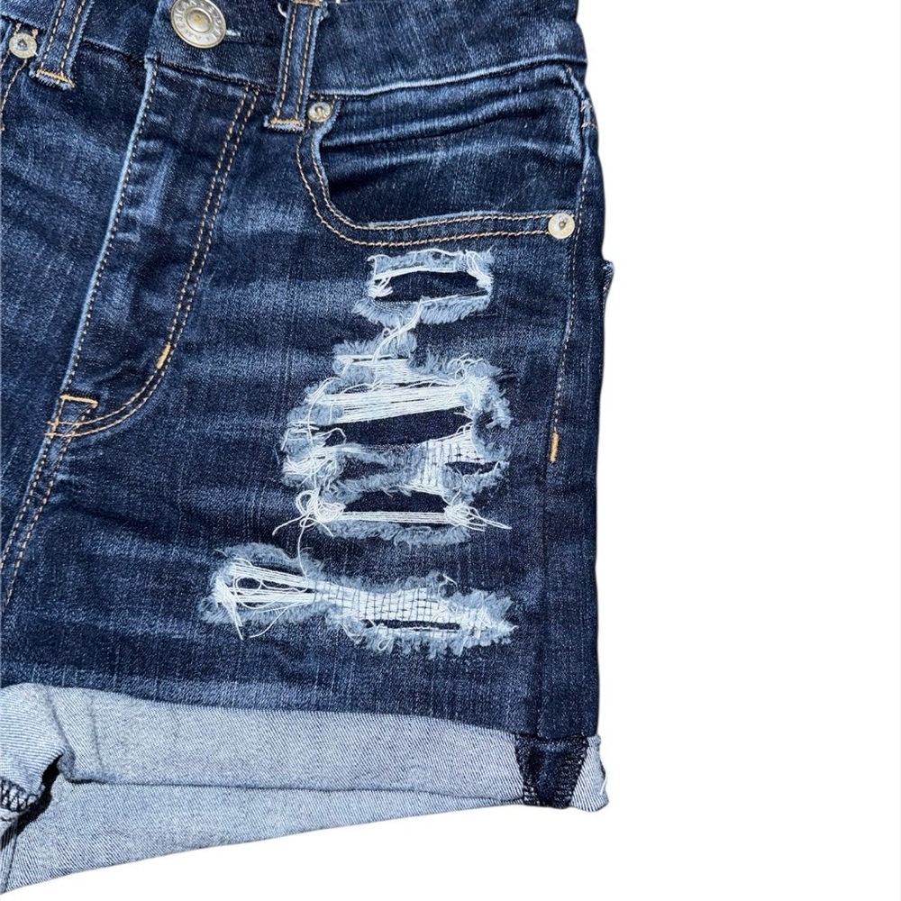 American Eagle Curvy Hi-Rise Shortie Jean Shorts Dark Wash Distressed Women’s 00 - Picture 4 of 8